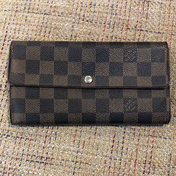 LOUIS VUITTON Damier Ebene Brown Black Full Length Sarah Wallet Organizer AUTH - Picture 1 of 16